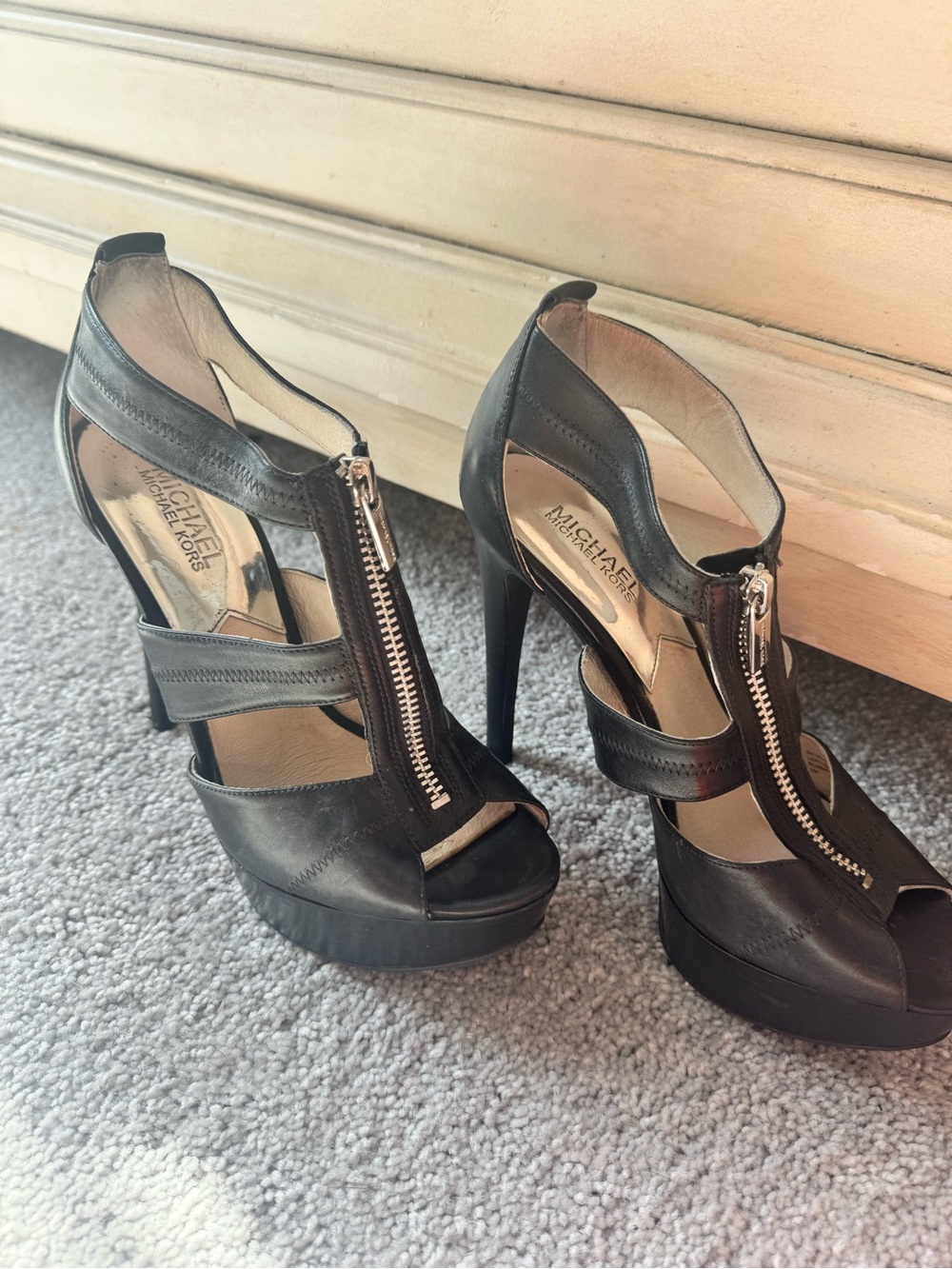 Michael Kors Black Leather Zip Platform Sandals